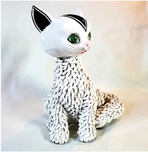 Mid 20th Century “Spaghetti Cat” Hand Painted Italian Glazed Pottery Statue 11″