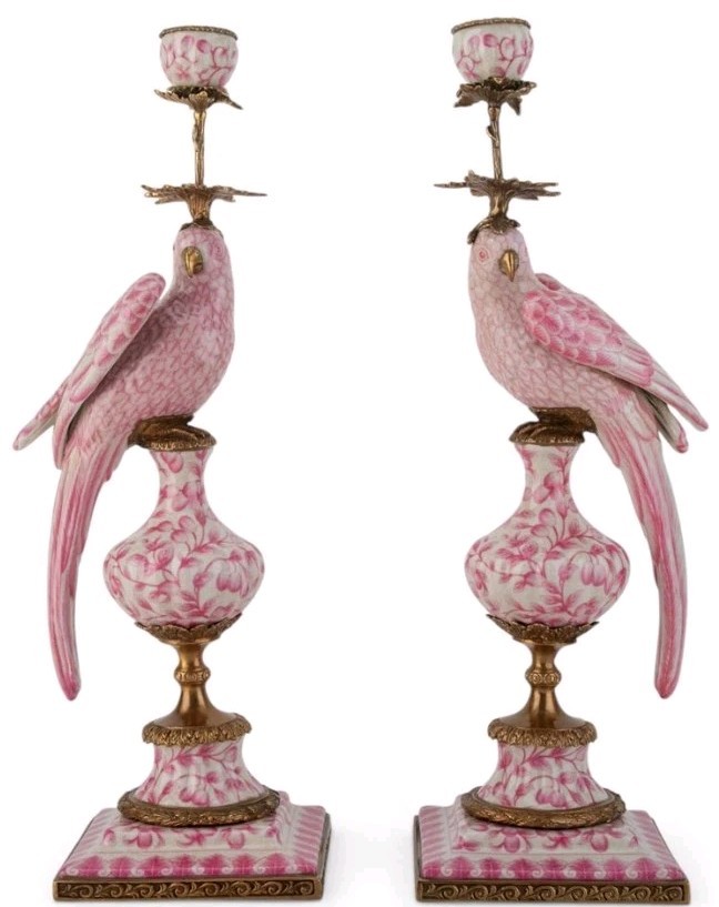 Antique Style Pink Parrot Porcelain & Bronze Candlesticks-Candle Holders Pair