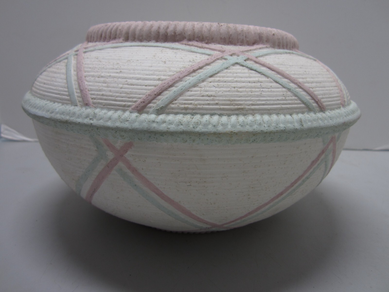 Southwestern Rotund Bowl Vase Textured Design Pink Beige Green Lines #2