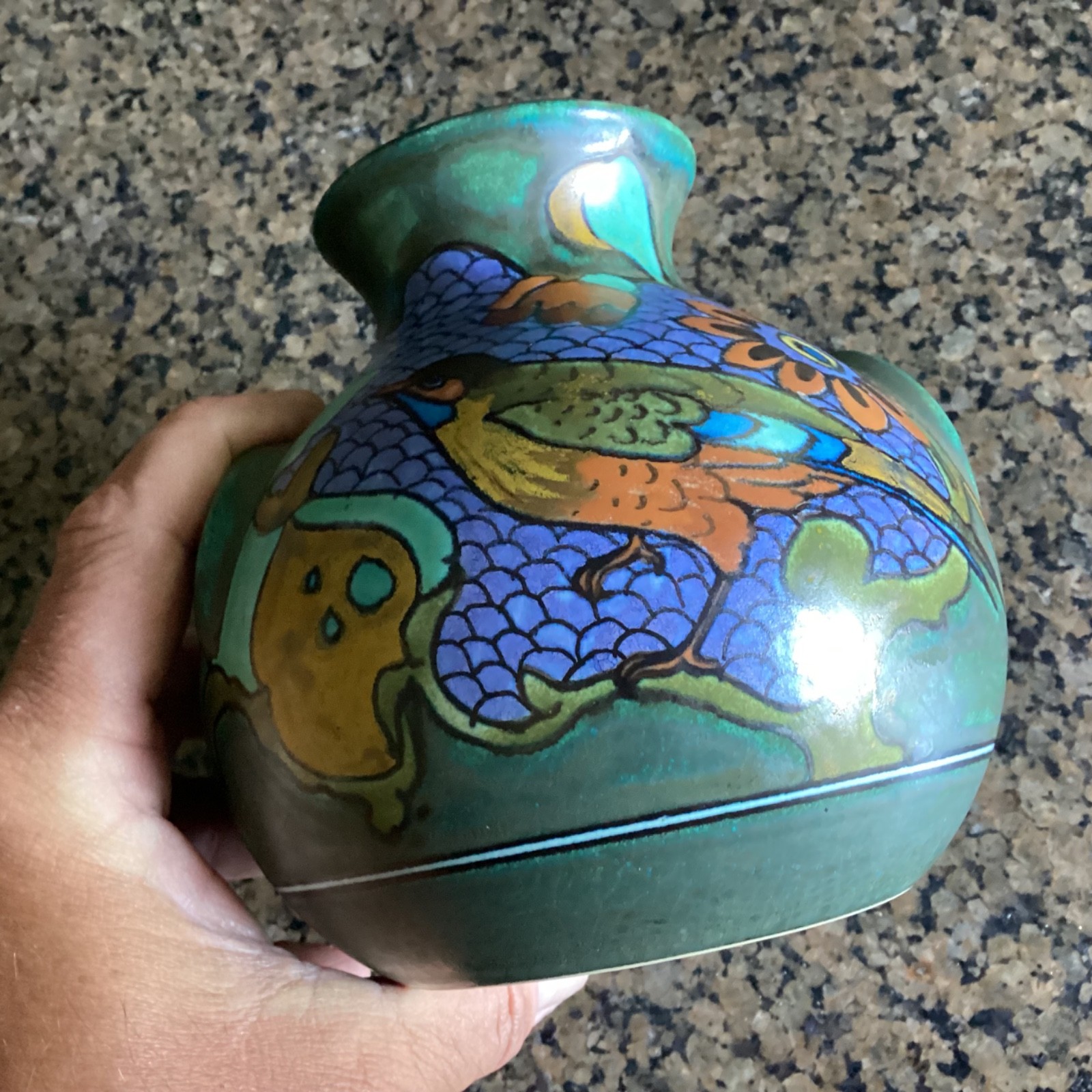 Vintage Gouda Holland Art Pottery Vase Handpainted Bird Art Deco Vase 5.5”