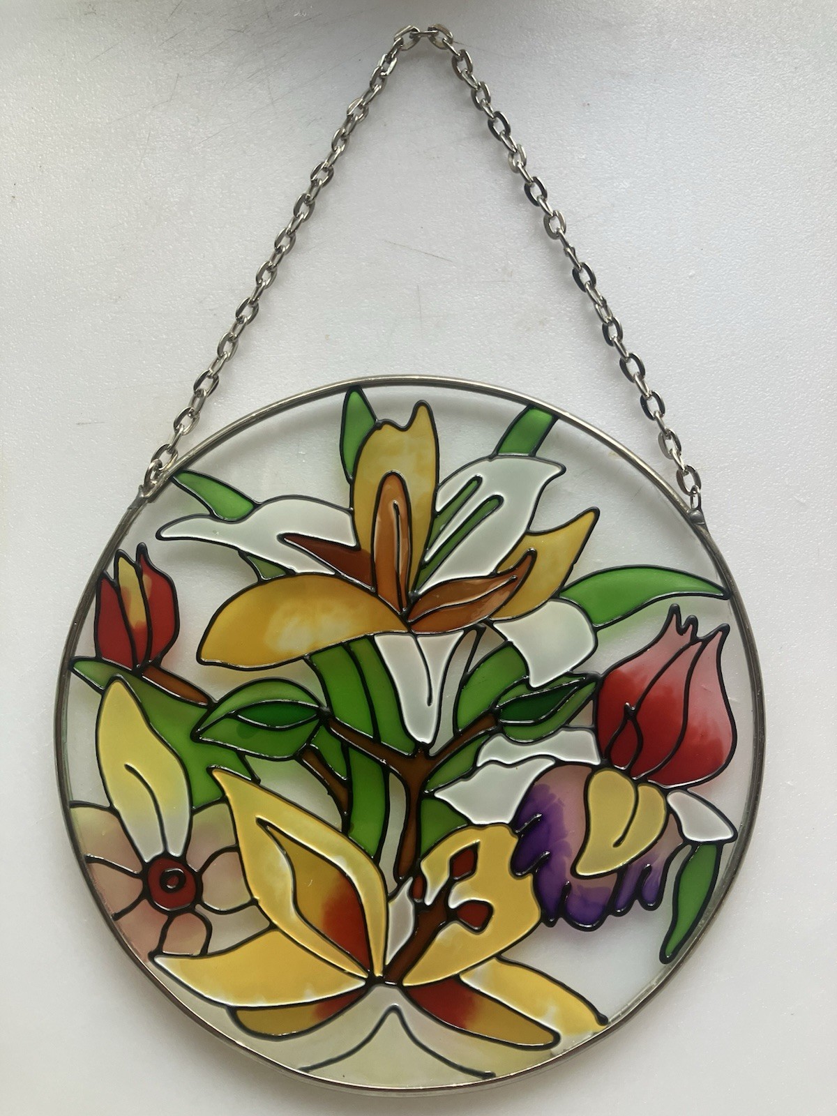Stained Glass Floral Window Panel Round Suncatcher Lilies Iris Tulips Hanging