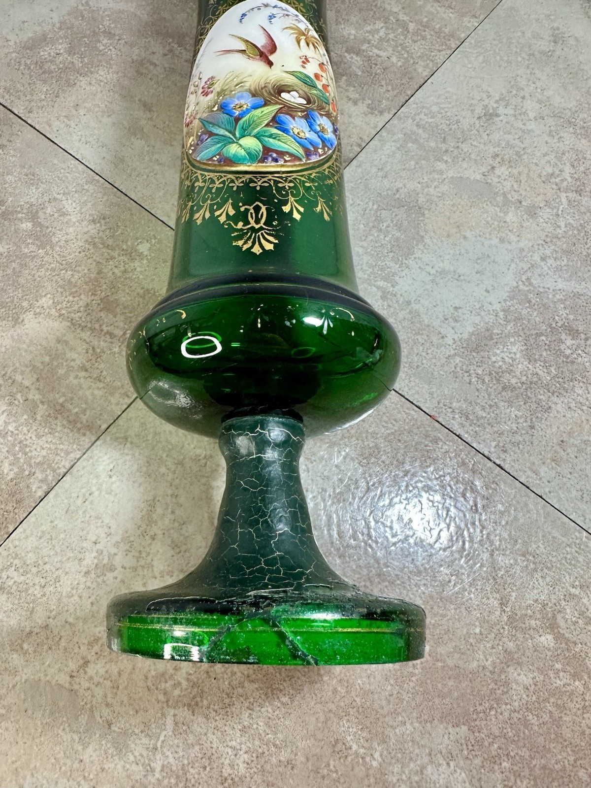 Antique 19th C Moser Green Glass Bird & Flowers Gold Gilt Vase Applied Porcelain