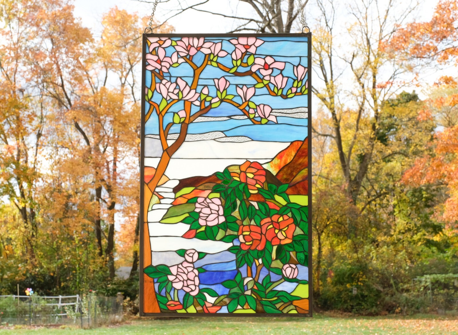 20.5″ x 34.25″ Handcrafted stained glass Jeweled window panel Cherry Blossom
