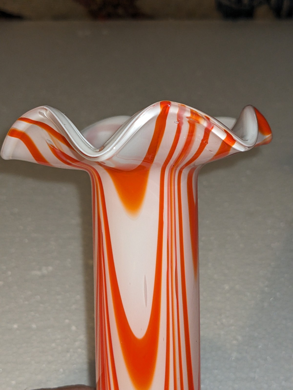 VTG Hand Blown Orange & White Striped Swirl Glass Vase 1970’s MINT One of a Kind