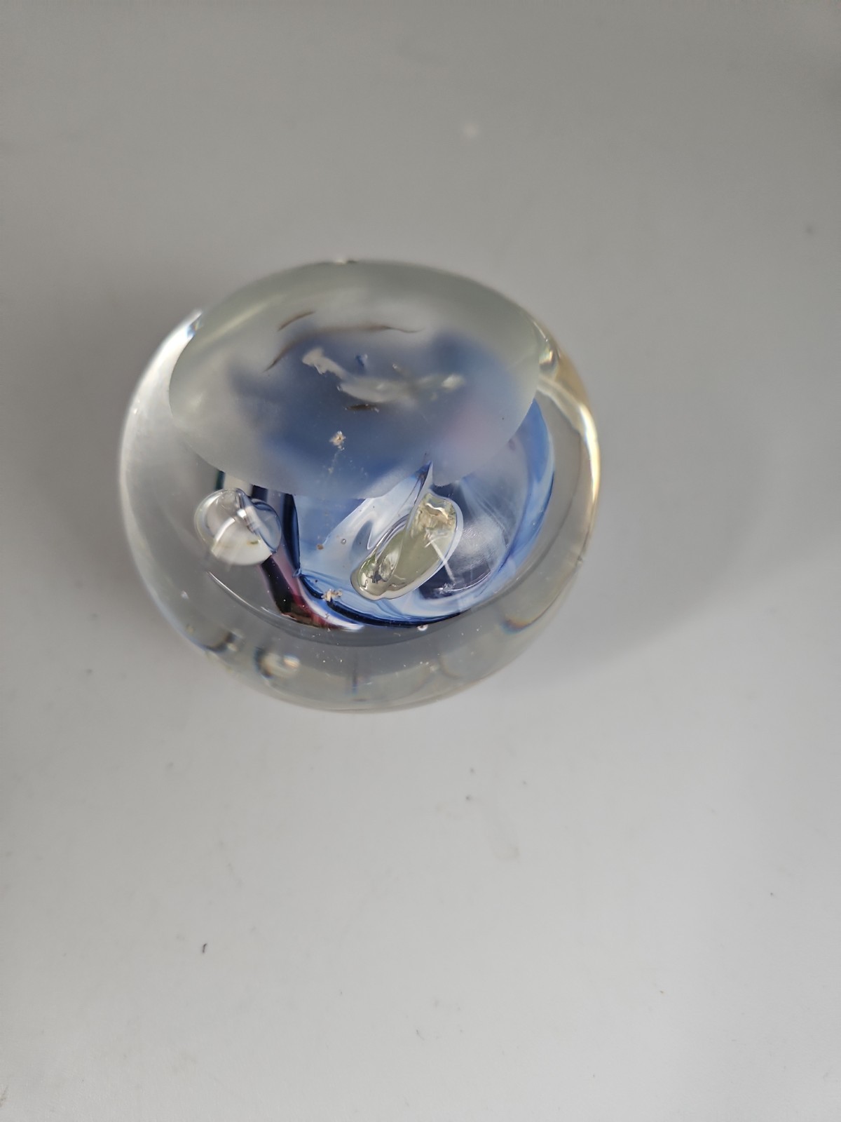 Rollin Karg Art Glass Signed Paperweight Blue Disc Dichroic Sphere Spaceship