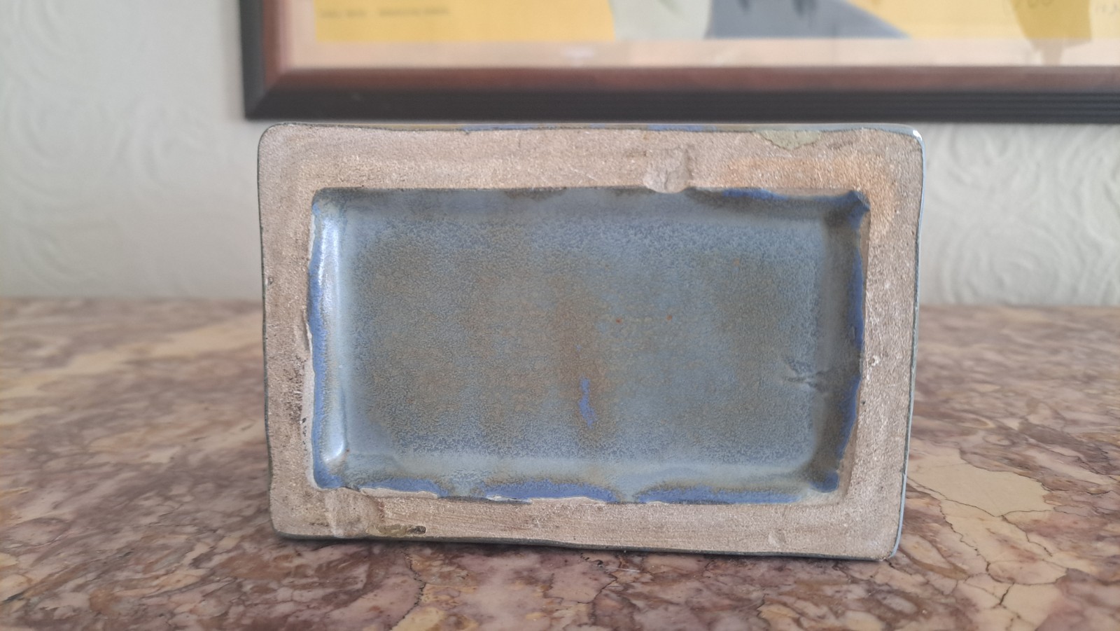 Transitional Art Deco Skyscraper/Fan Matte Blue Vase vtg 1930s