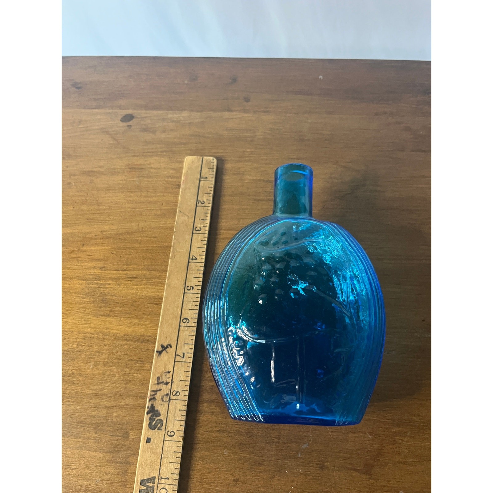 Vintage Cobalt Blue Glass Bottle Flask Grape Embossed Decorative Vase 7 Inch