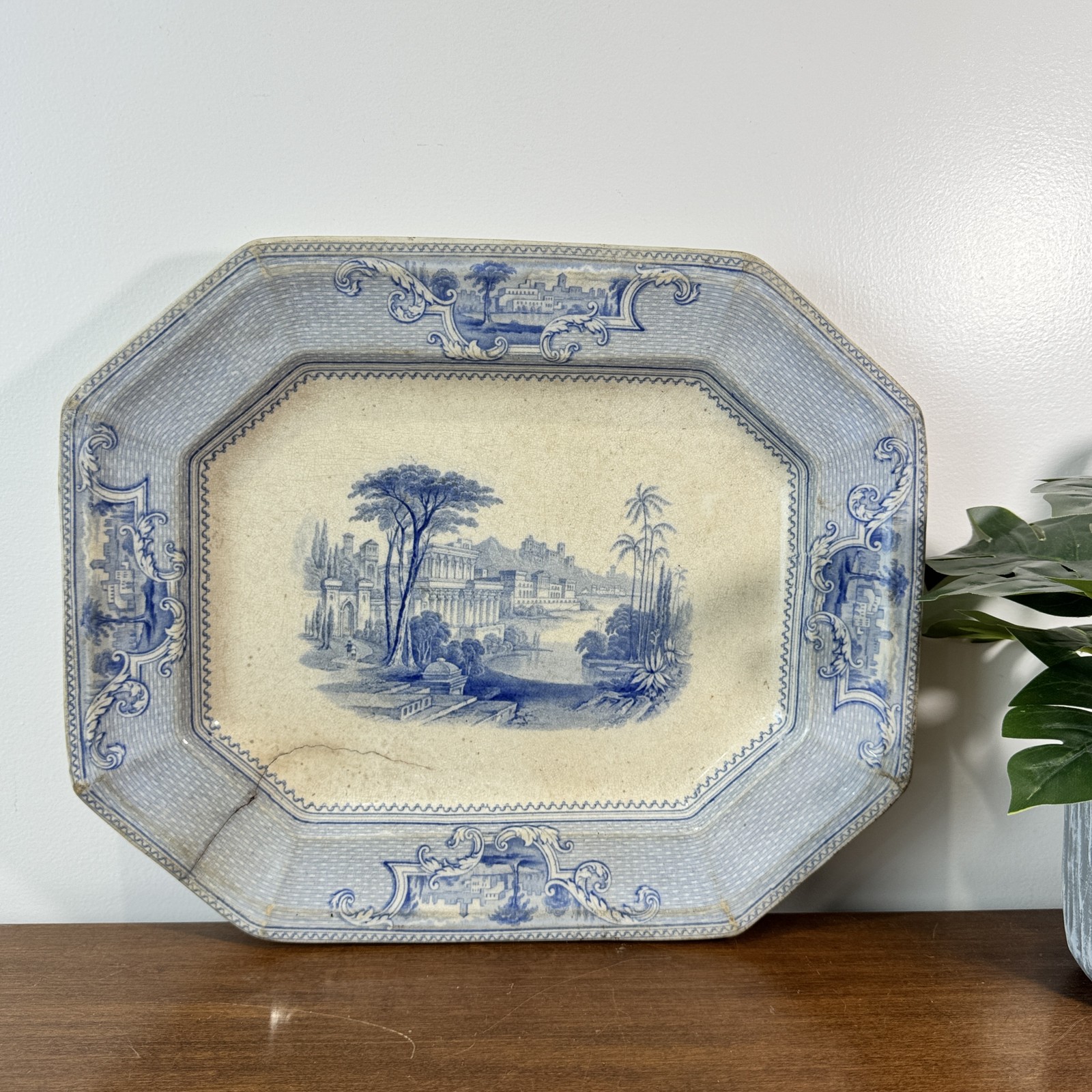 Antique J Ridgway Ironstone Blue White Transferware Platter Palestine 1830