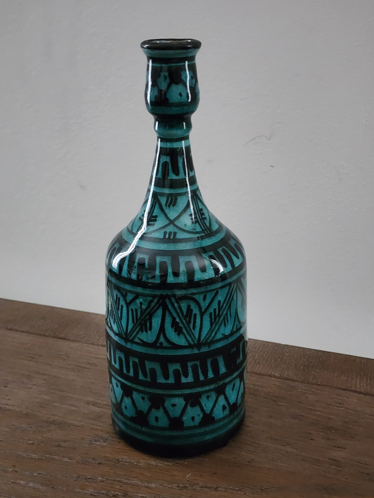 Vintage Safi Morocco Hand Painted Terra Cotta Vase Turquoise Geometric Art 9″