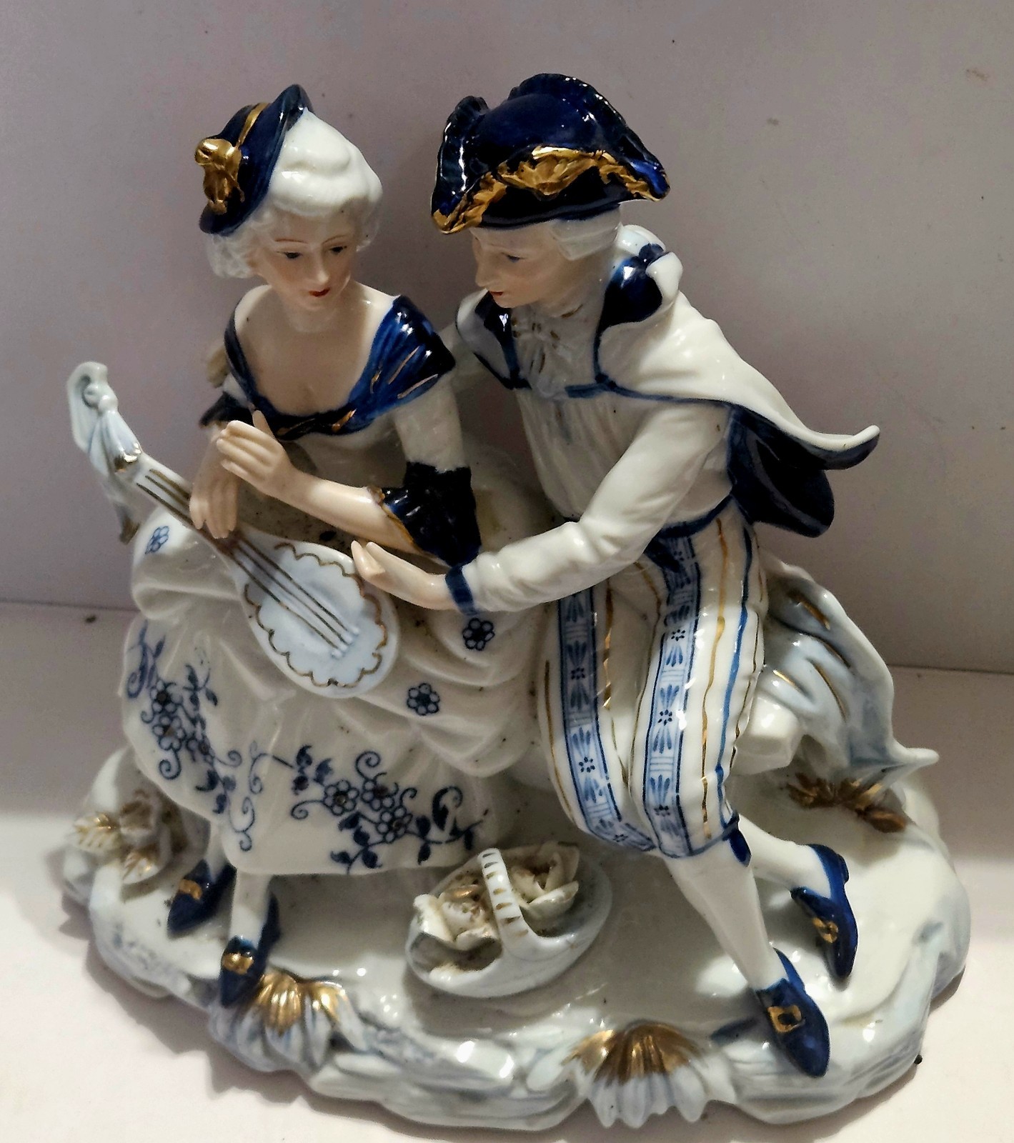 Vintage Porcelain Victorian Couple Playing Lute.