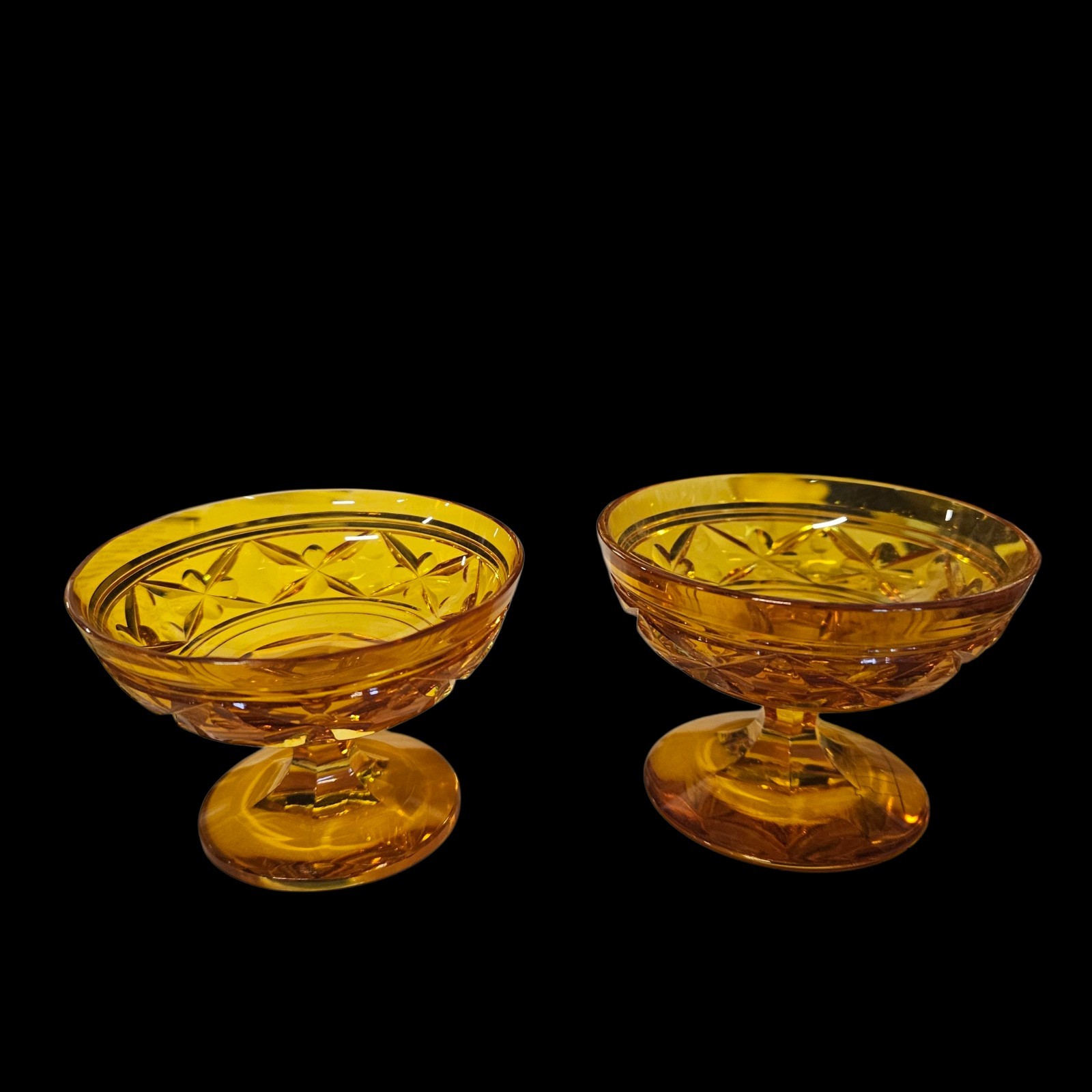 2 Val St Lambert Amber Cut Glass Footed 3″ Finger Bowls Cathedrale Napoleon
