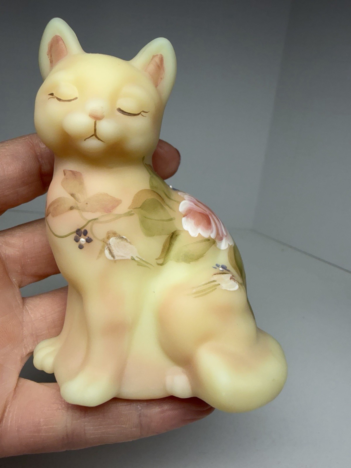 Vintage Fenton Burmese Glass Cat Hand Painted Floral Roses, Uranium