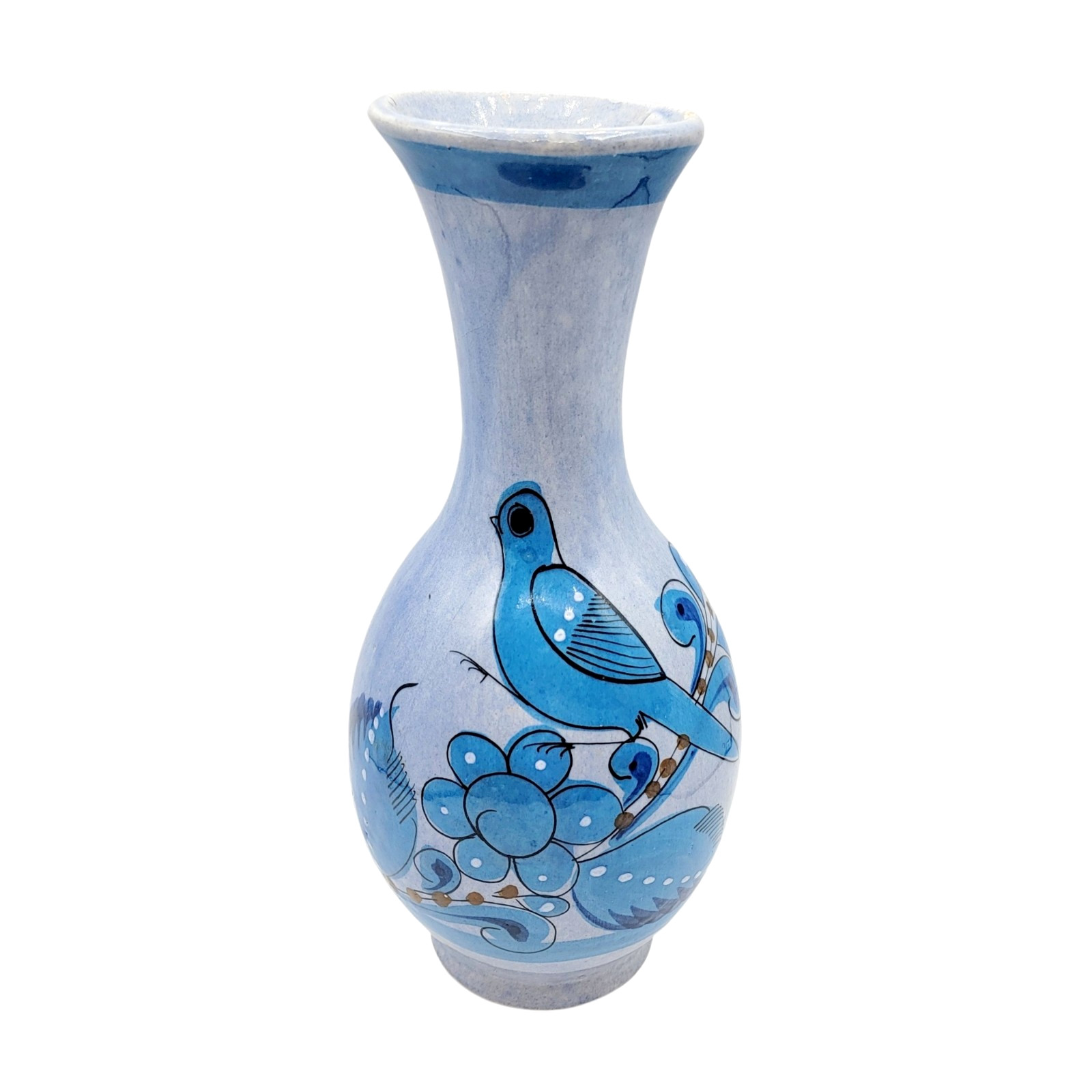 Vintage Tonala Mexican Pottery Vase Blue Bird Floral Hand Painted 11.5″ Signed