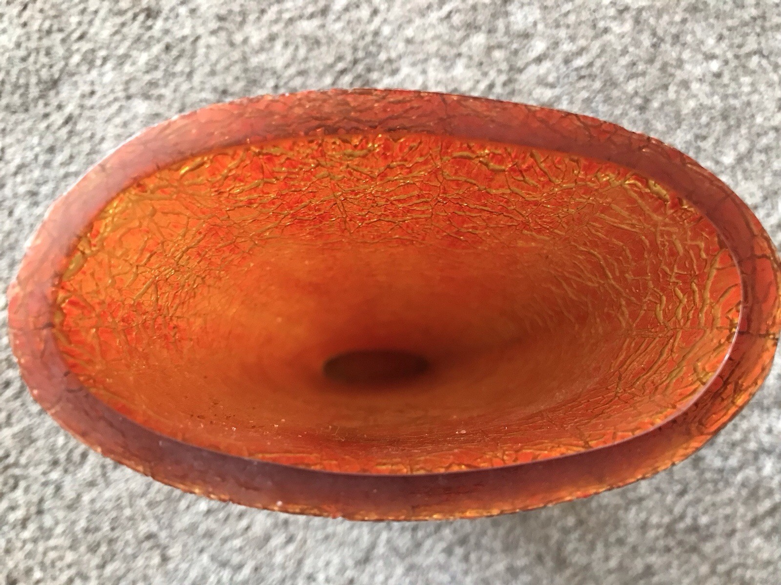 Vintage Orange Glass Vase Large Heavy Rare Amber And Red Textured Crackle Finish