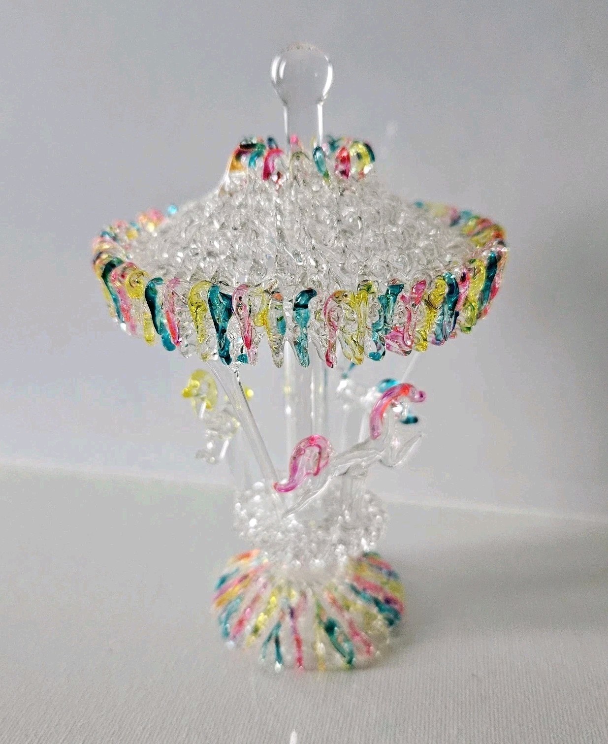 Spun Glass Carousel Figurine Vintage 3 Horses Pink Blue Yellow Spins 4.5″ Tall