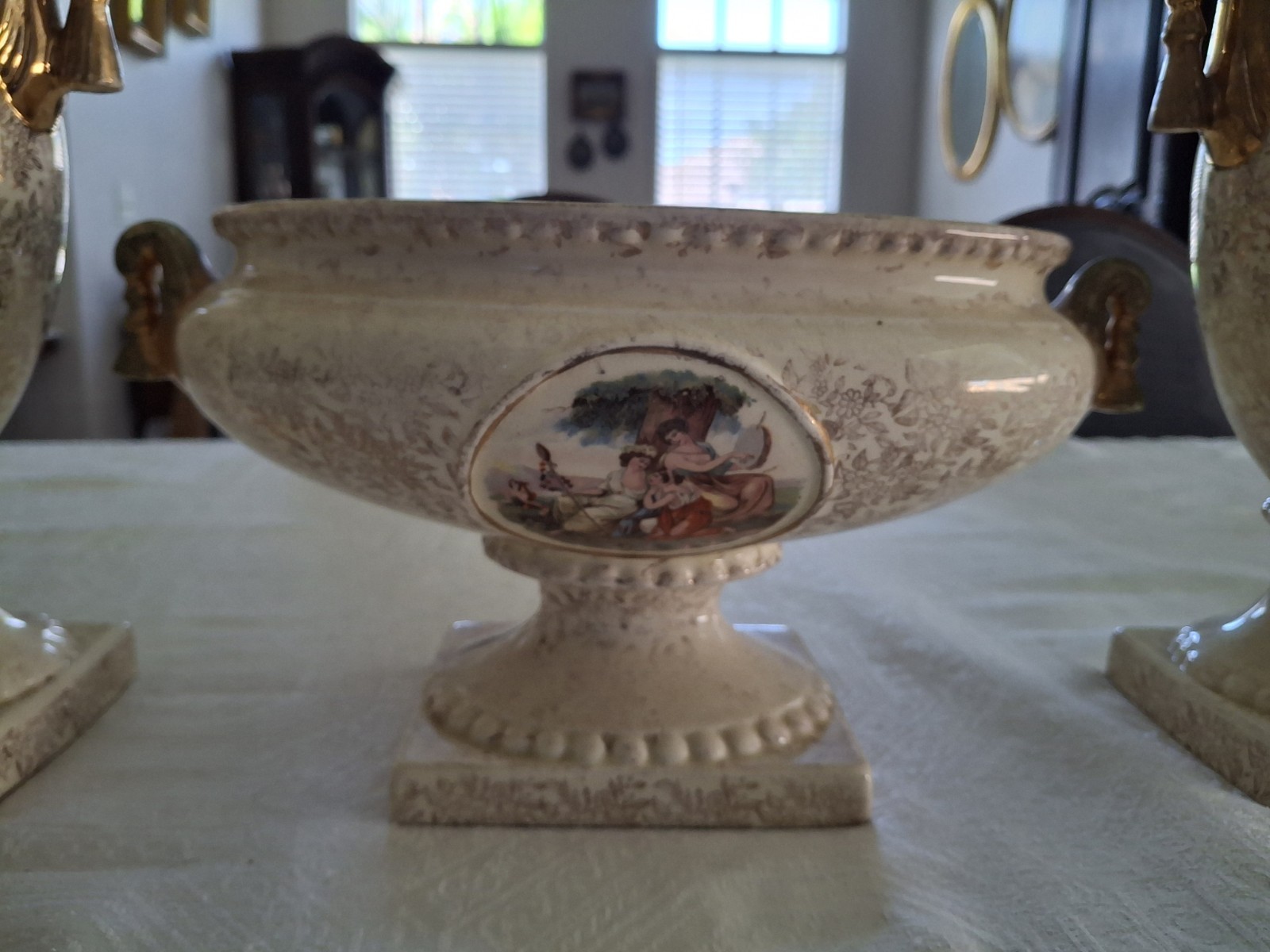 Vintage Empire Ware 3 Piece Bowl & Urns Set with Tops Victorian Scenes England