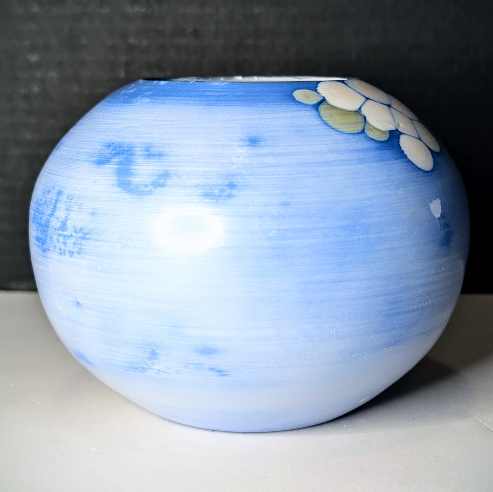 Small Lavender & Blue Crystalline Vase Milky White Glaze Blue Feathering & Drips