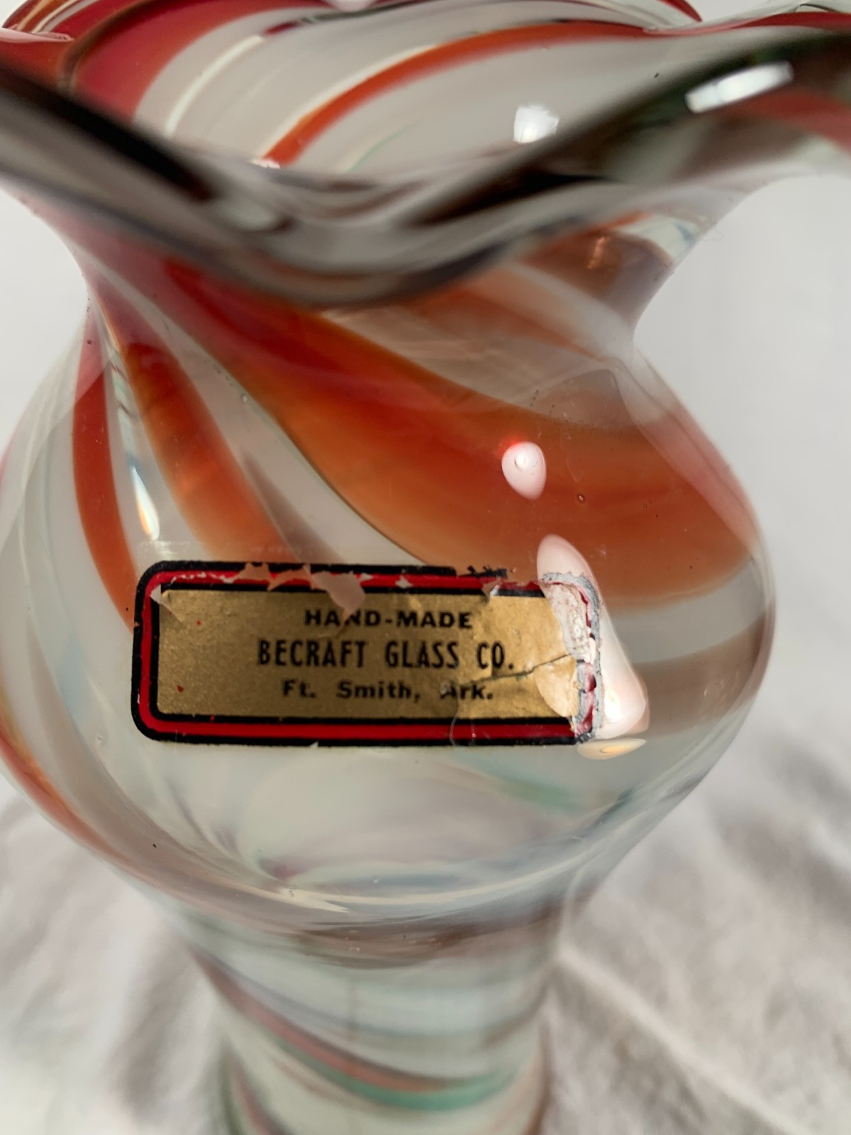 Becraft Handmade Art Glass Bud Vase with Original Label 7&5/8in Tall