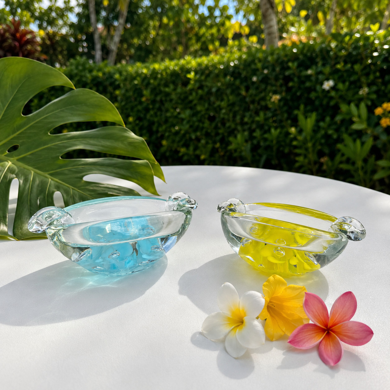 Joe St Clair Art Glass Ashtray Paperweight Pair Blue Yellow Floral Bubble Label