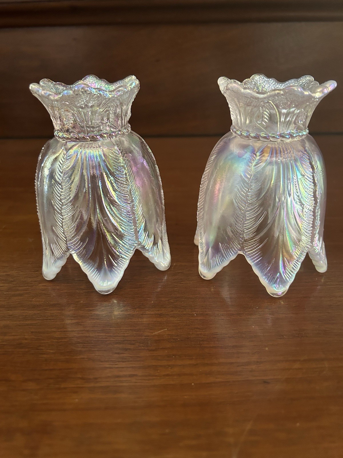 2-Fenton Pink Iridescent Opalescent Glass Tulip 2-way Votive/Taper Candle Holder