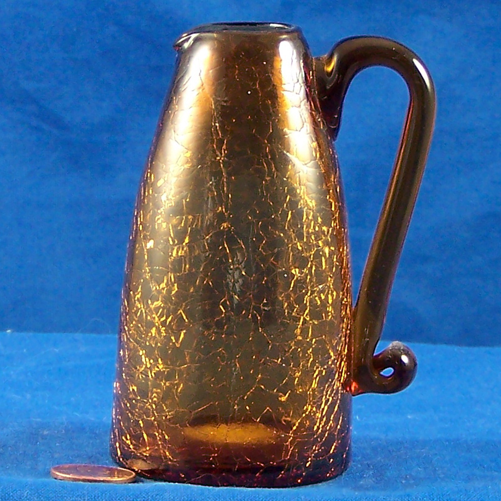 Vintage Small Blown Brown Crackle Glass Bud Vase Jug With Handle 4″ Inches Tall