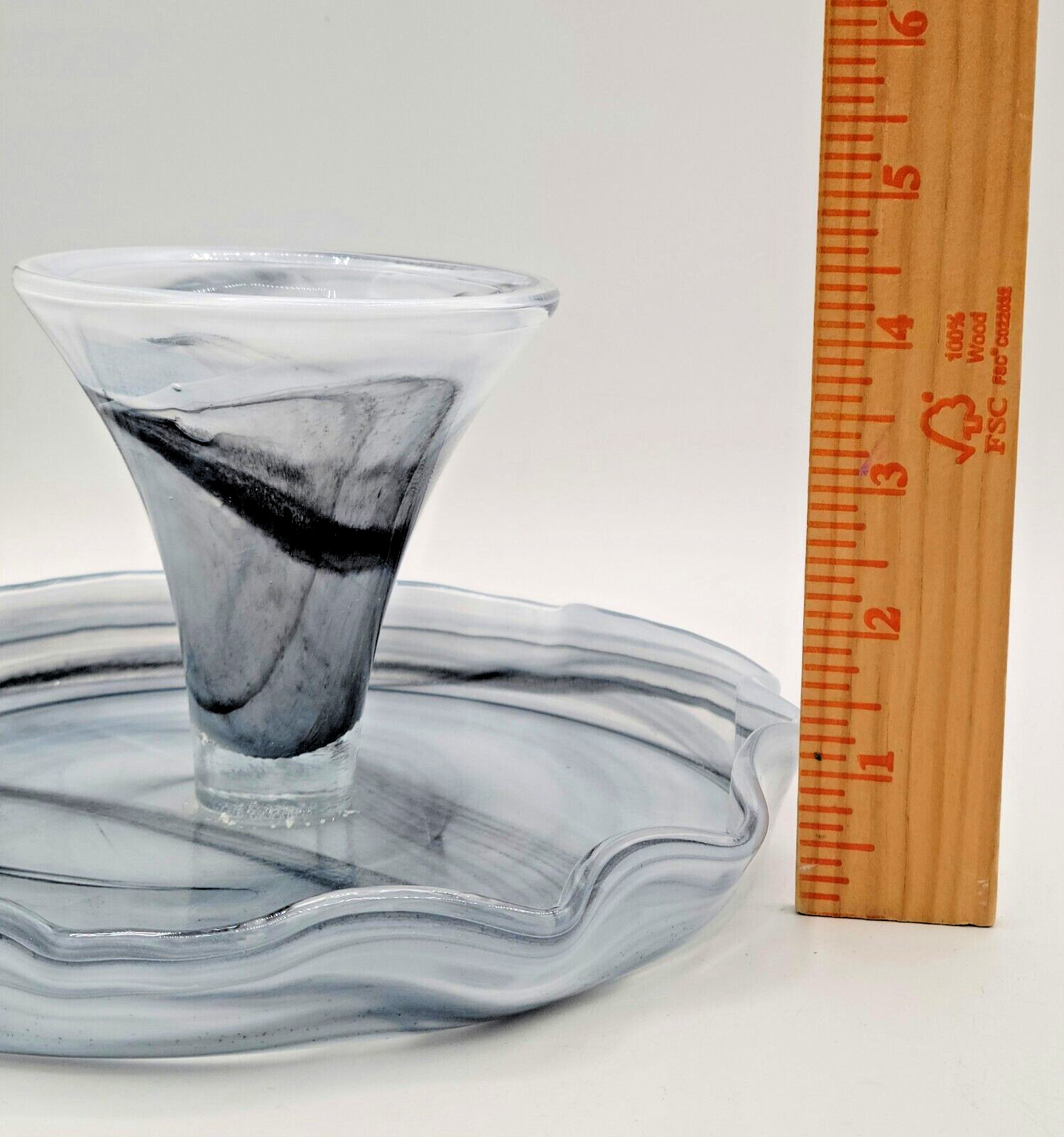 Blown Glass Vase Sculpture Cake Stand Holder Black & White Marbled *FREE SHIP*