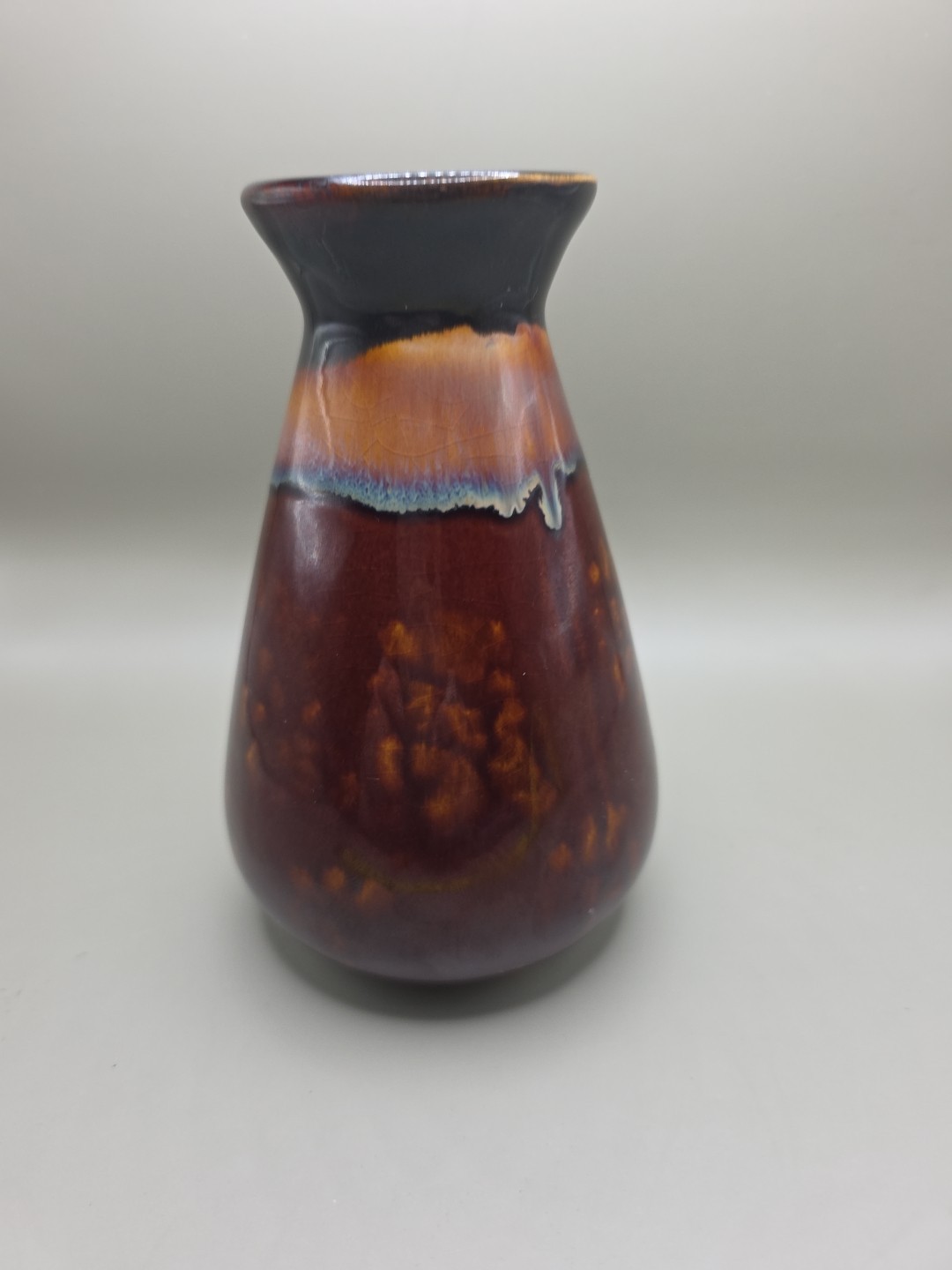 Art Pottery Tan Rust Drip Glaze Vase. 6 inches Tall, 3 Inches Wide.