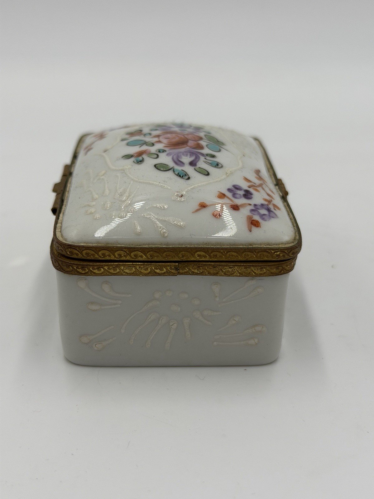 Antique France Made Porcelain Floral Painted Metal Accents Trinket Jewelry Box