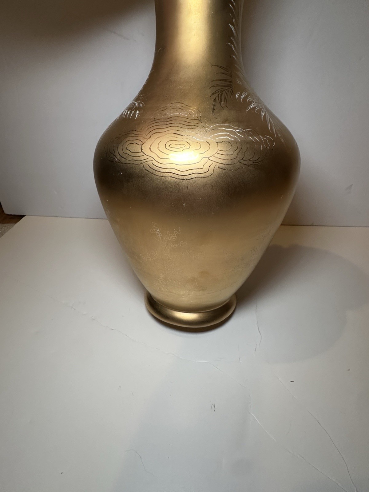 Art Pottery Vase,Gold Finish With Palm Tree Motif Likely Lasa 12” Tall Vintage!!
