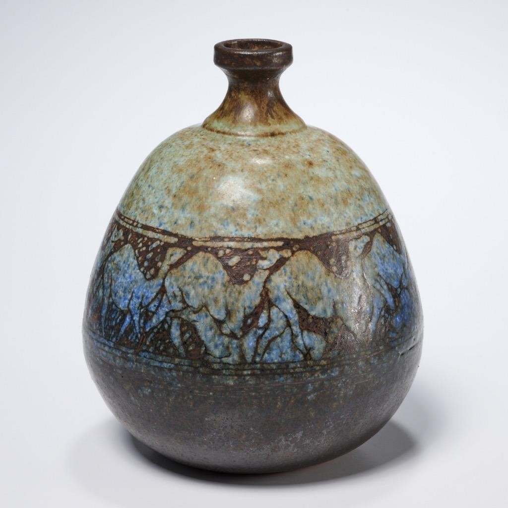 Vintage Terra Cotta Pottery Vase Camel Caravan Band Blue Green Handmade Glaze