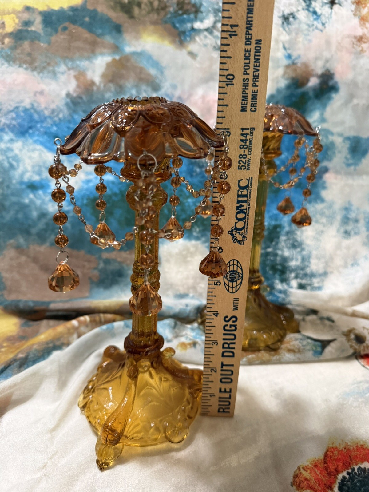 Vallerysthal Portieux Bavards Amber 9.25″ Candlesticks With Chained Prisms