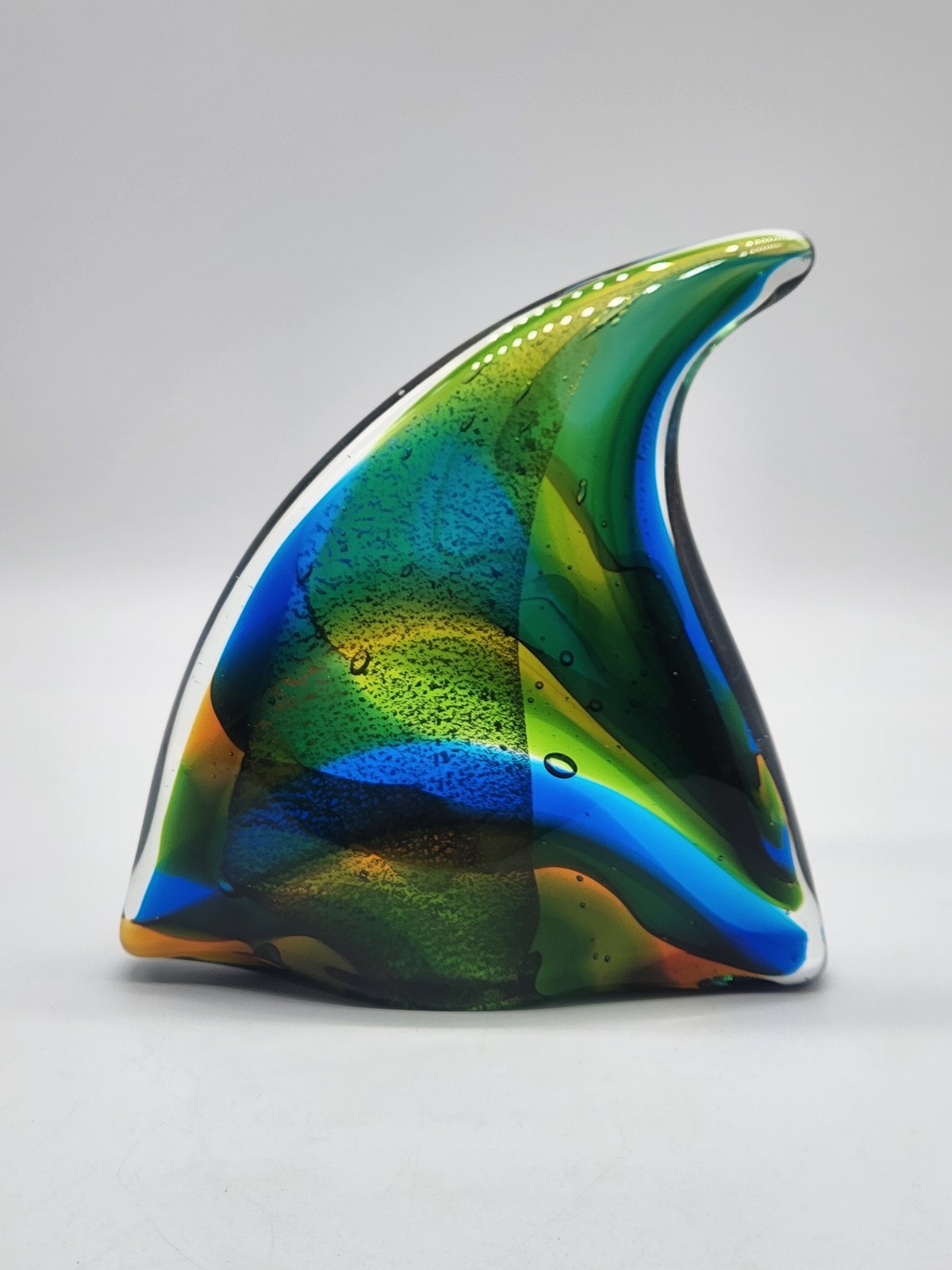Art Glass Paperweight Fish Fin Blue, Green, Yellow 5.25″ x 5″