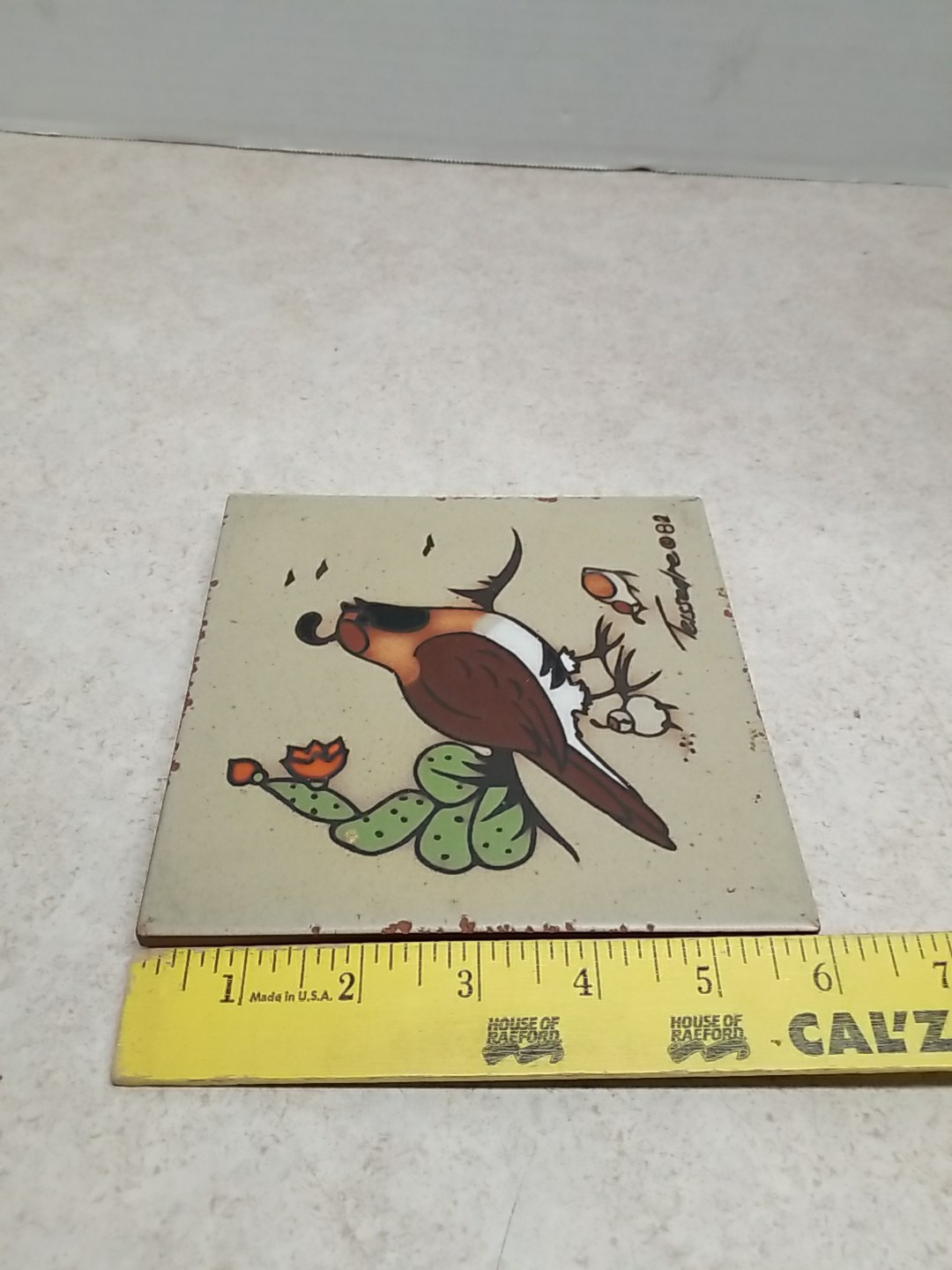 Cleo Teissedre Ceramic Tile Trivet Mother Quail & Chicks Cactus Southwest Art
