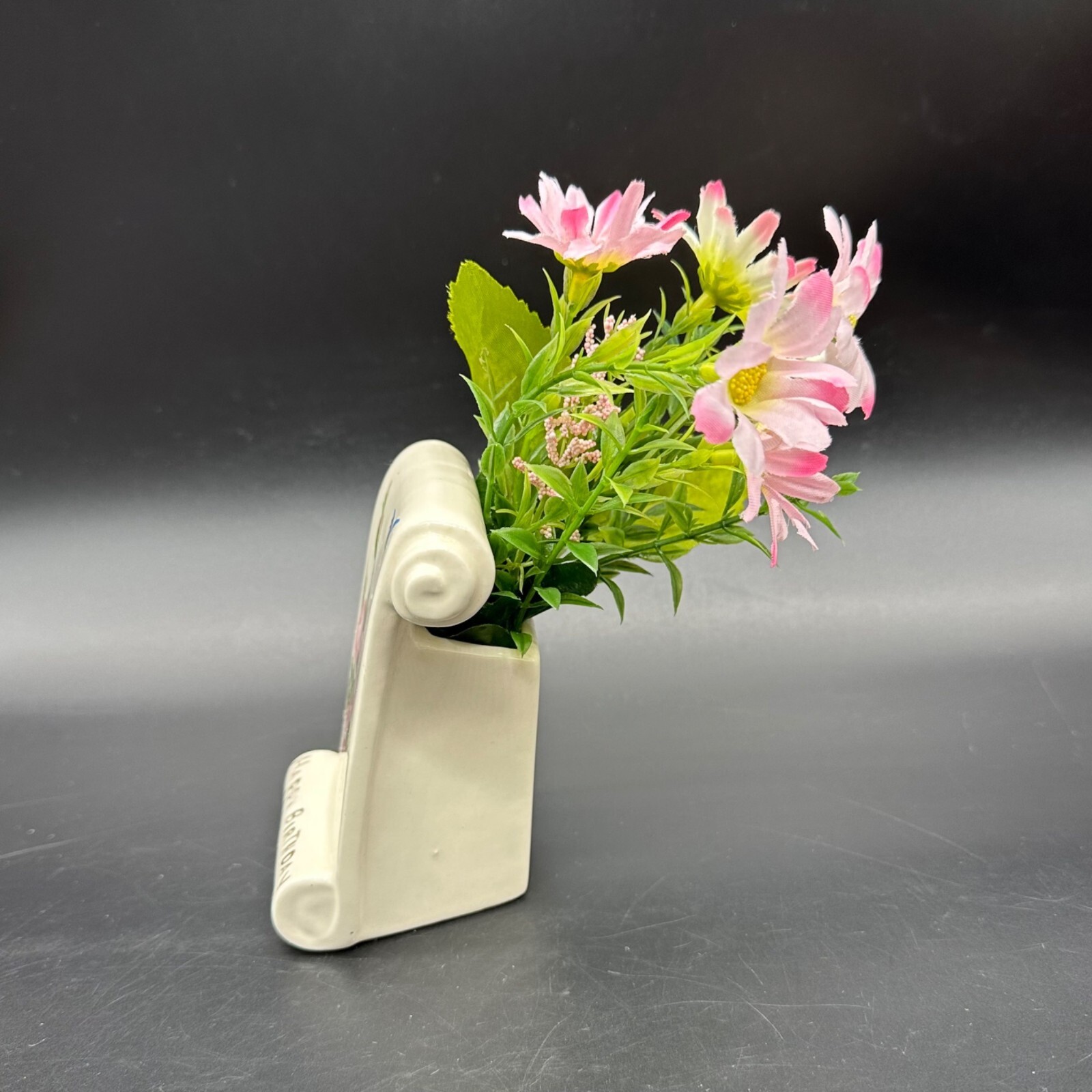 Vintage Happy Birthday Gift Wall Pocket Vase Flowers 1950s Ceramic Kitsch Decor