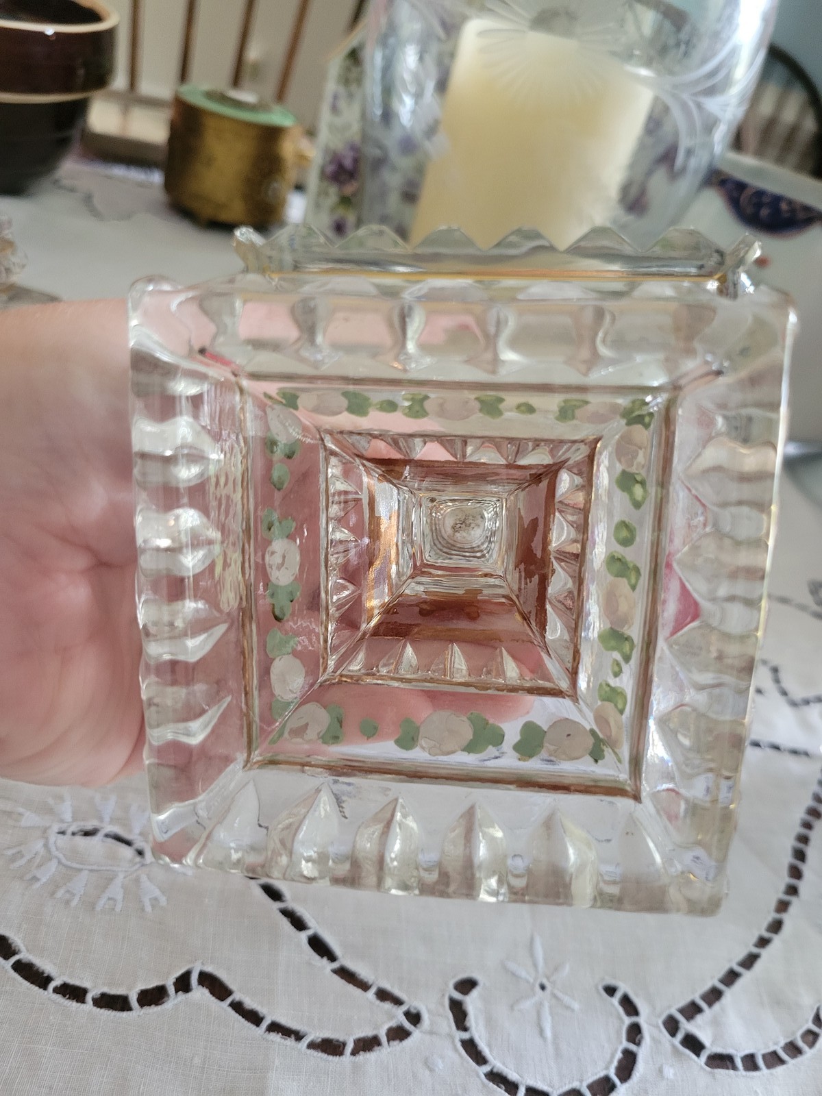 VTG Pair Jeanette Glass Pedestal Candy Dish Wedding Box Gold Trim Floral