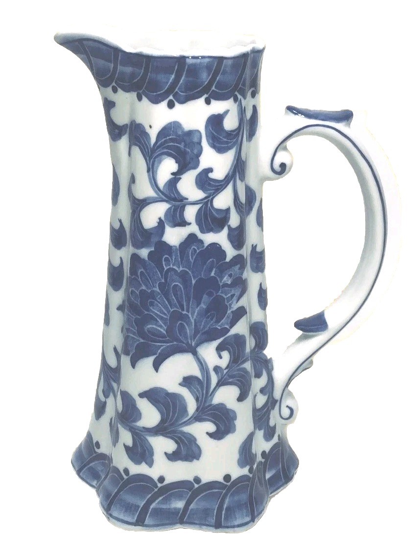 Andrea by Sadek Blue White Delft Willow Style Pitcher Flower Vase 8.5″ High