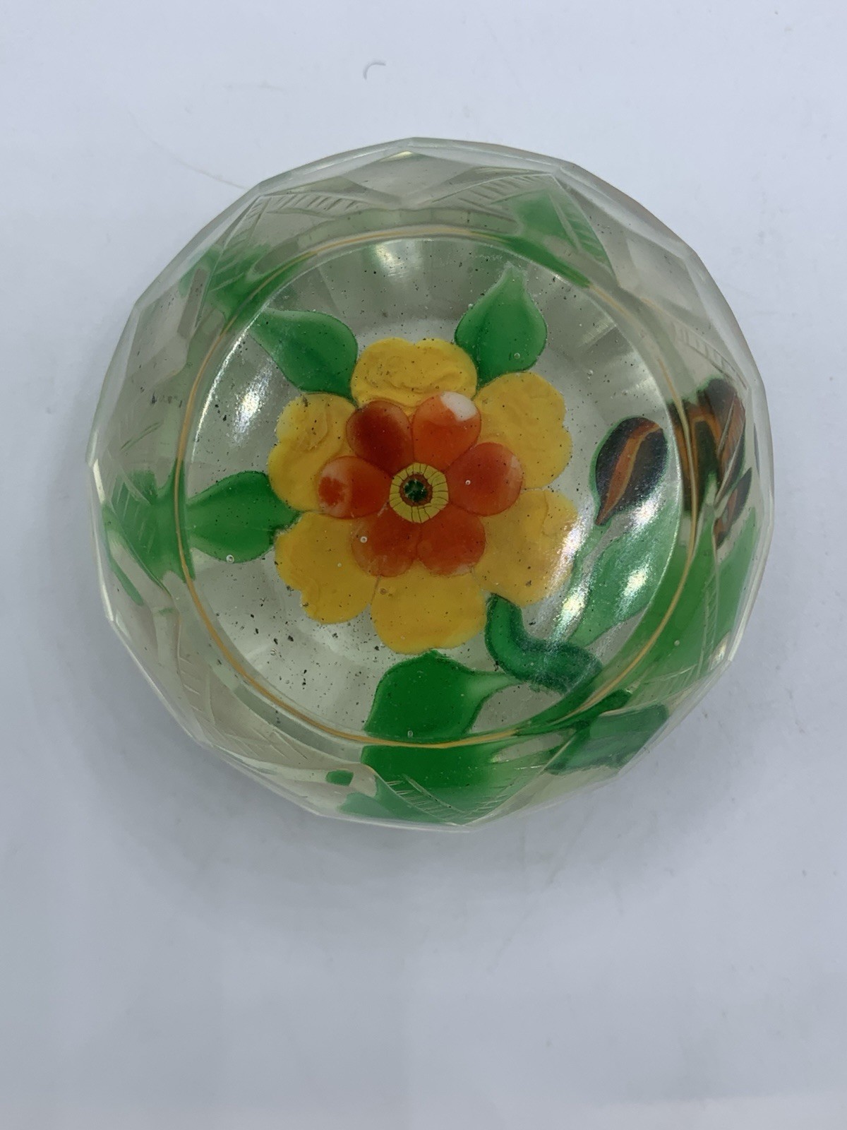 Early Chinese Faceted Glass Paperweight Etched Yellow Flowers 3″ c1920s-40s