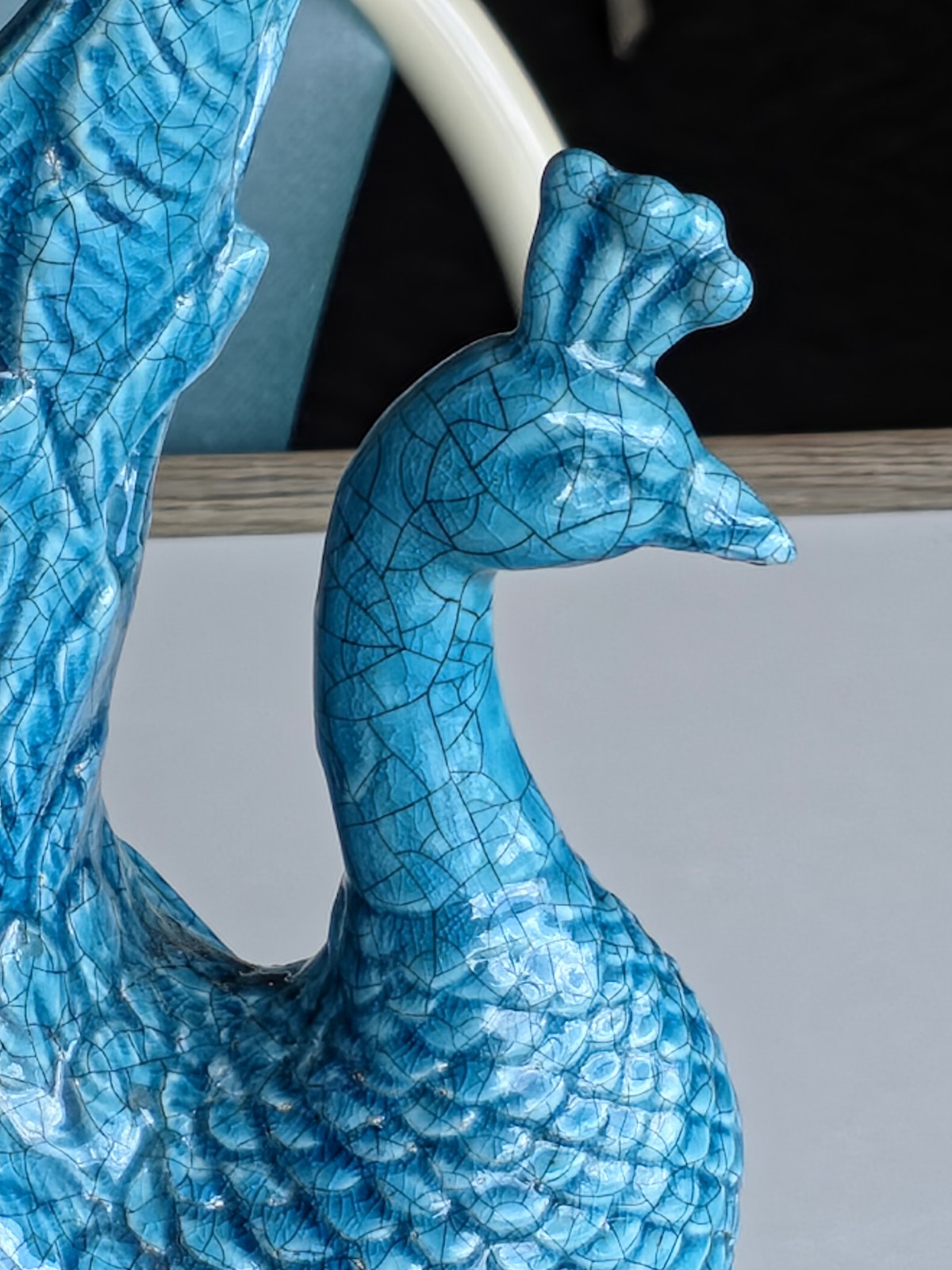 Vintage Blue Crackle Glaze porcelain peacock Figurine Vase 12″