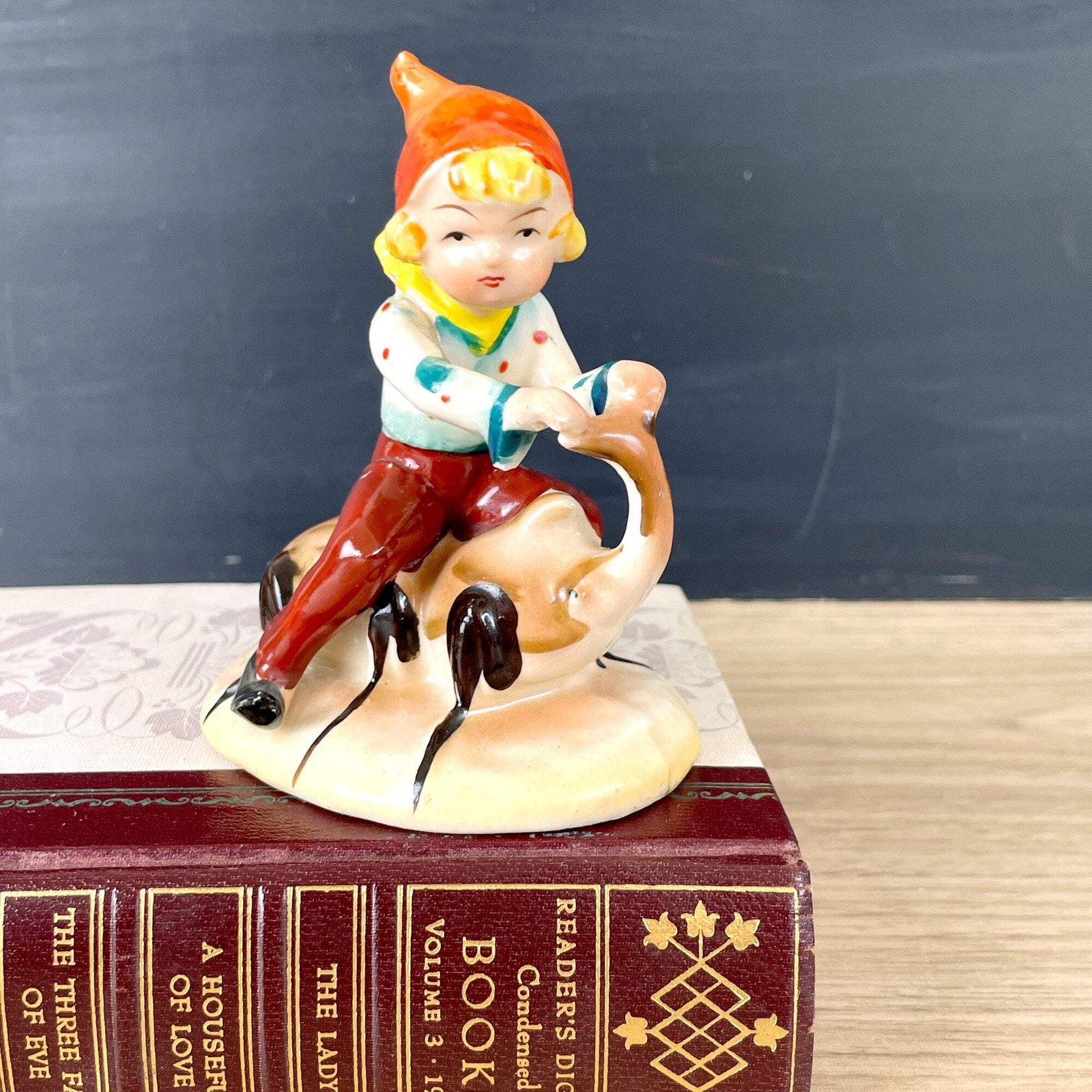 Occupied Japan Elf Riding Rhino Beetle Porcelain Figurine 1950s Vintage