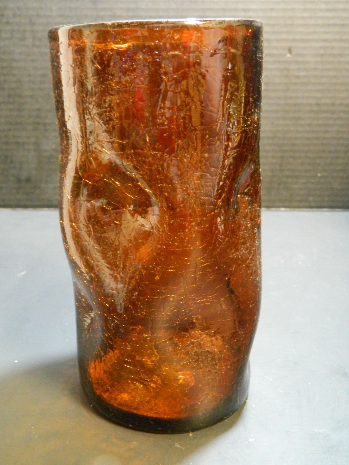 Vintage Hand Blown Amber Crackle Glass Dimple Vase 7.5″ x 3.81″ x 3.81″ Excell