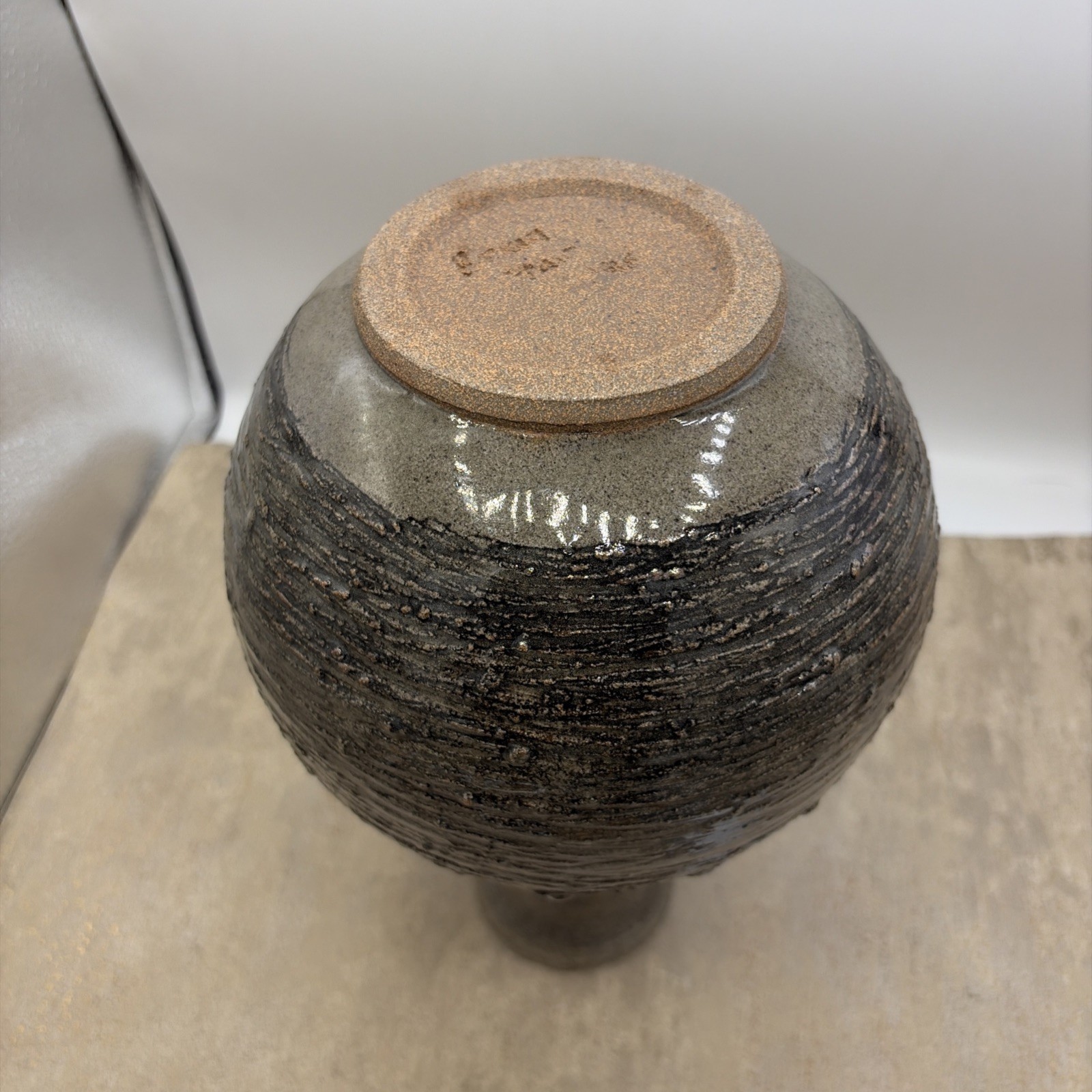Handcrafted Studio Pottery case W/Metallic Grey Glaze & Textured Ribbed Signed