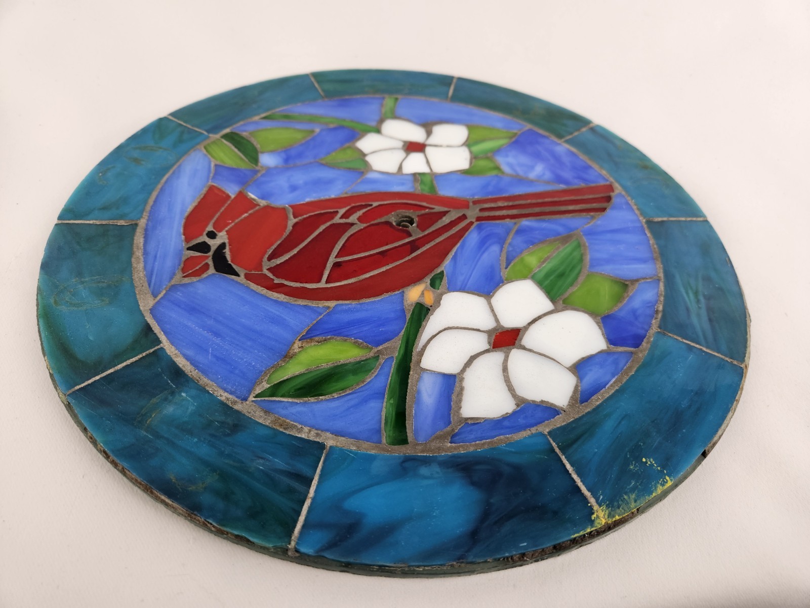 Vtg Handmade Stained Glass Red Cardinal Bird 11″ Art Flowers Round Ceramic Lid