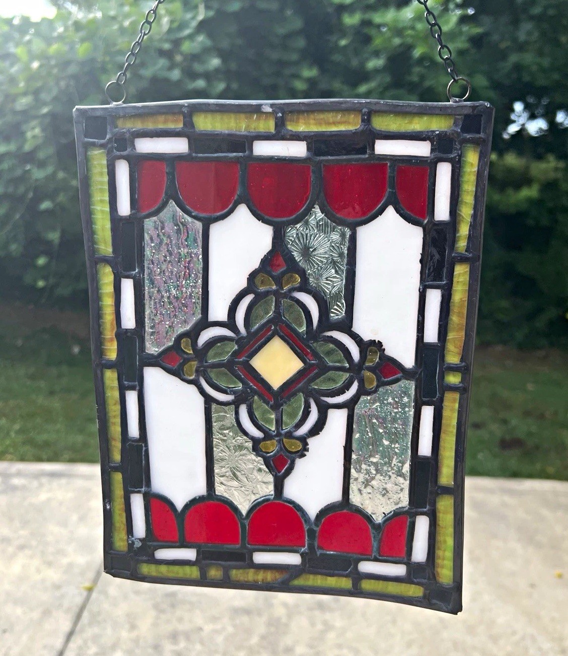 Handmade Leaded Stained Glass Window Panel Suncatcher Iridescent 9.5 x 7.25” VTG