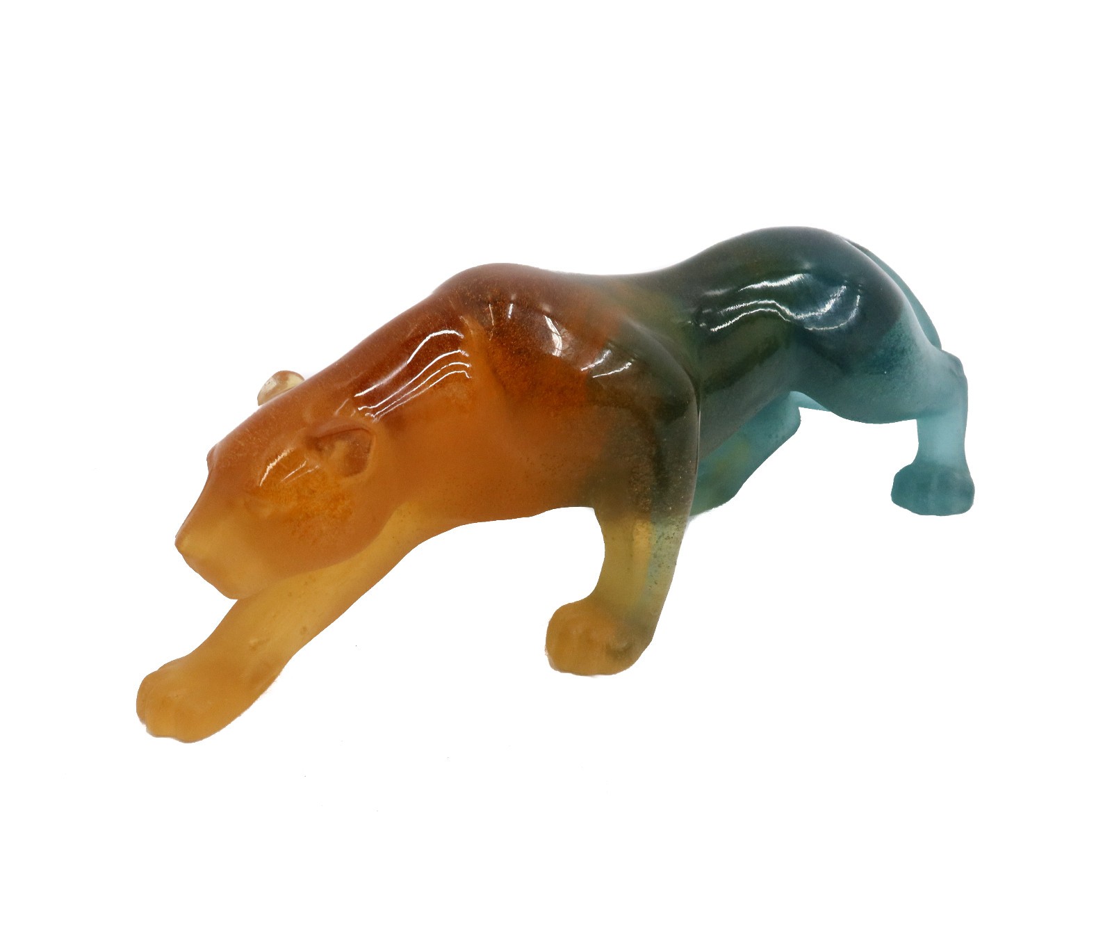 Daum France Amber to Teal Pate de Verre Glass Sculpture of a Panther Signed