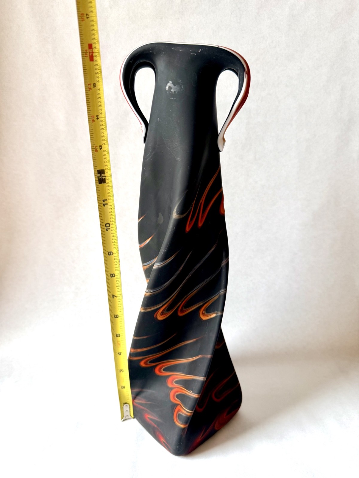 Vintage Azerbaijan Art Glass Vase Black Red Swirl 16.5” Soviet Mid Century Moder