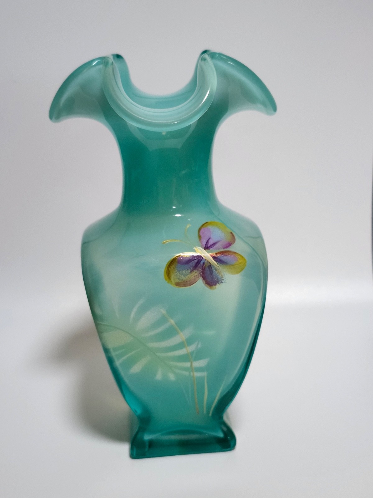 Fenton hand painted robins egg opalescent blue square vase with butterfly