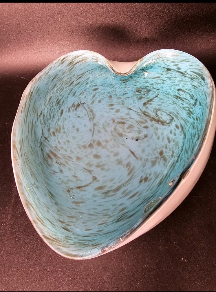 Murano Bowl, Large Mcm Heavy Heart Shaped Aqua Blue Cased Glass Candy Dish