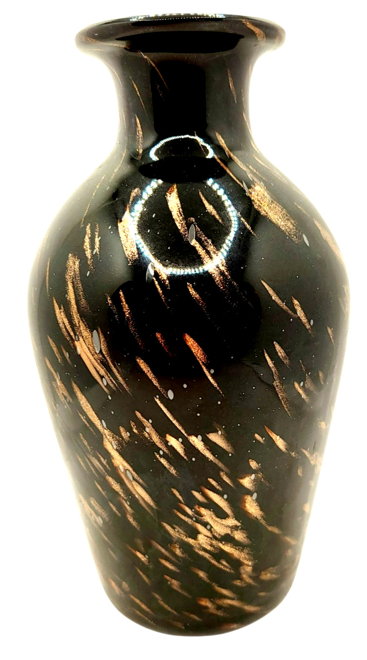 Vintage 1960s Black Gold Italian Adventurine Hollywood Regency Art Glass Vase 8″
