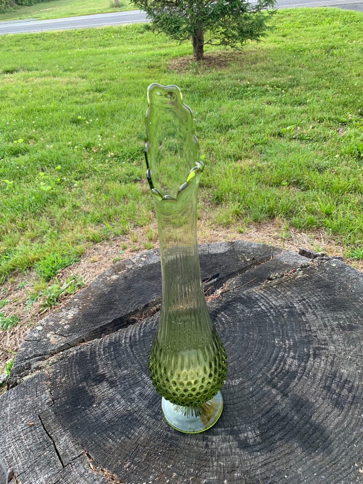 Fenton Colonial Green 22″ Swung Vase Glass MCM 1960’s Footed Hobnail Stretch VTG