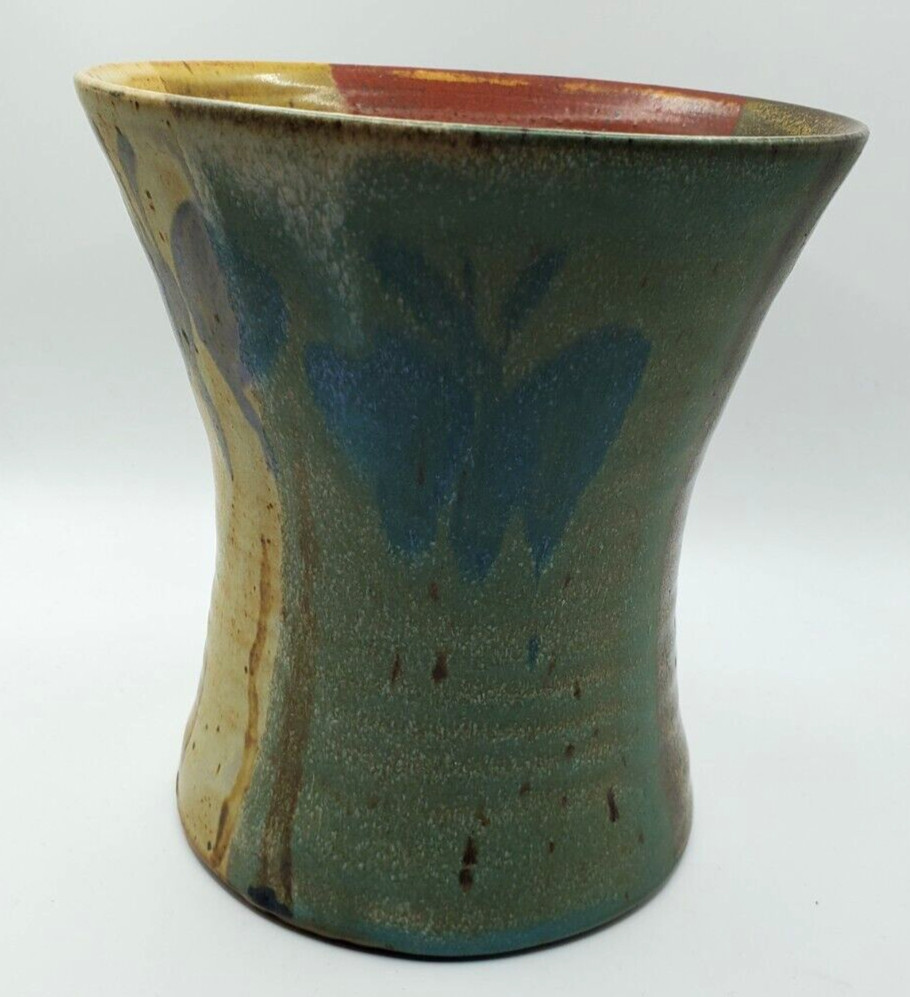 Vintage Creitz Handmade Pottery Vase Stoneware Wide Mouth Signed Blue Green Red